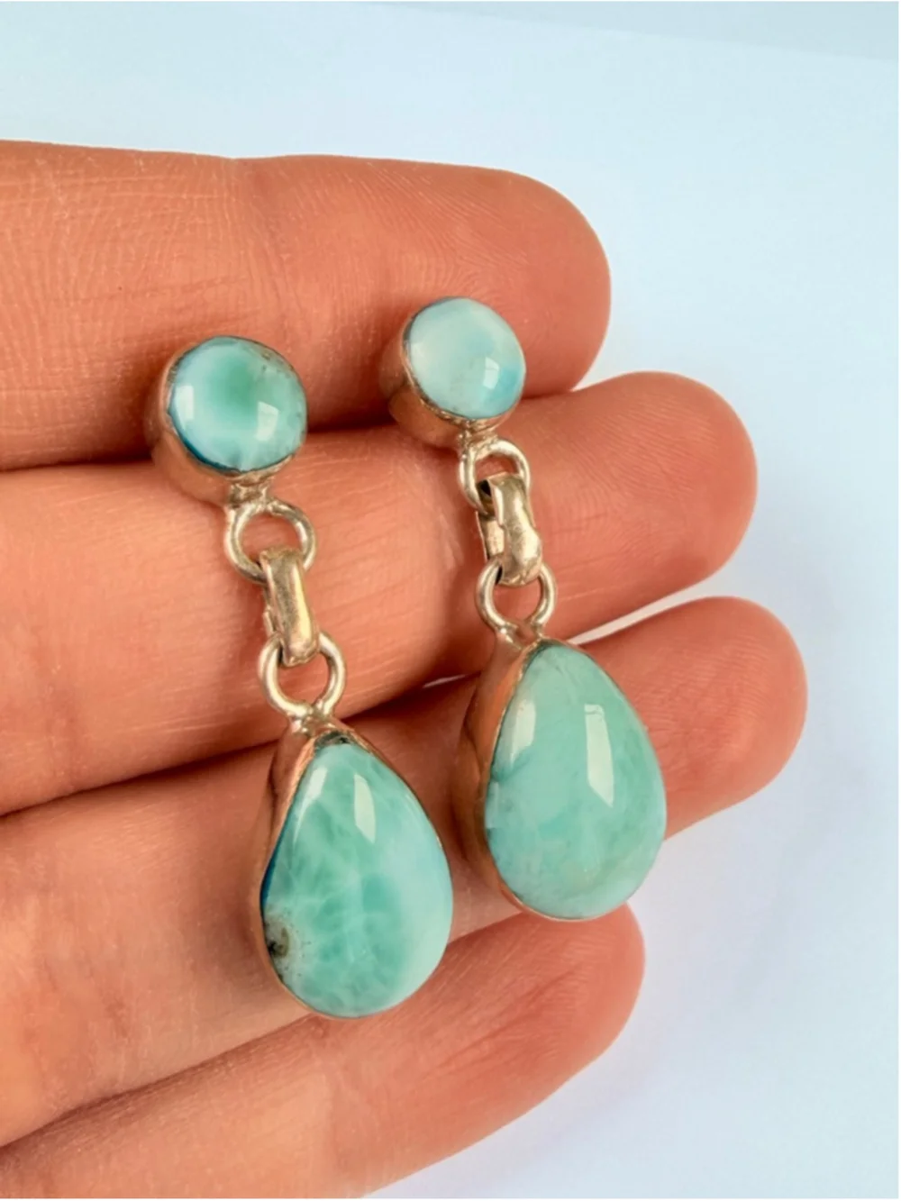 Natural 16.6 CT Larimar Caribbean Blue Sterling Silver 925 Dangle Earrings 1.3" - Picture 3 of 9